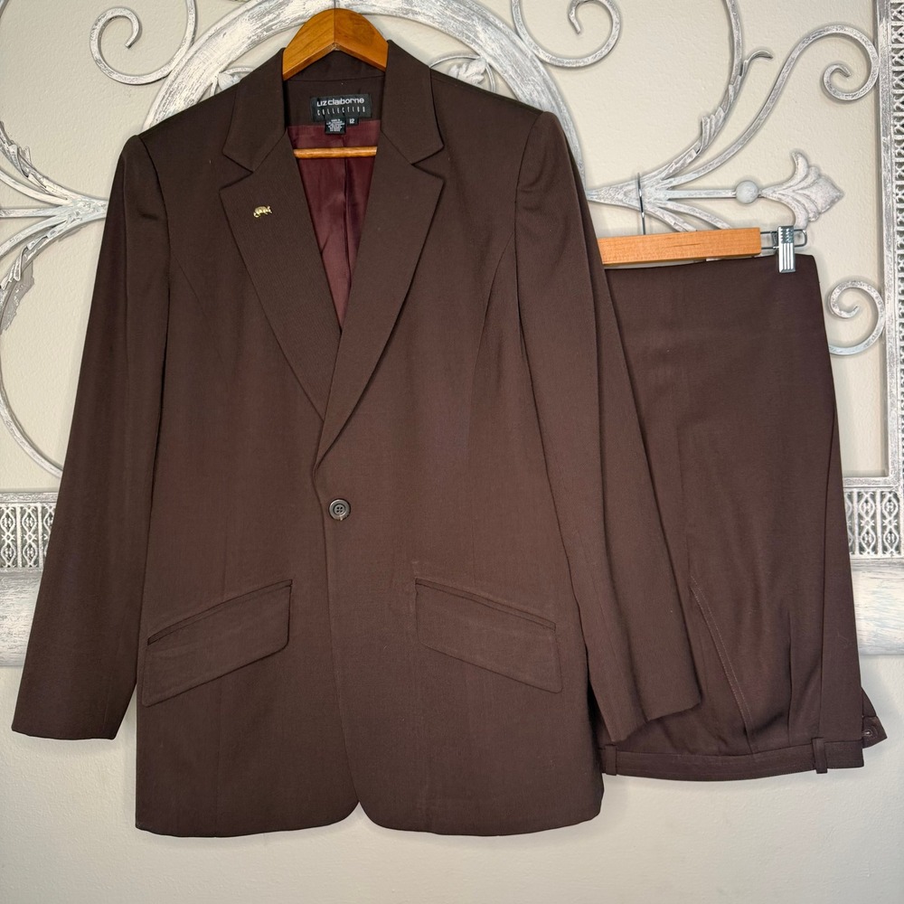 Liz Claiborne Collection Brown 100% Wool Pant Suit Blazer Set Mixed Size 12/14